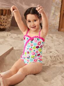 Young Girl Vacation Floral Printed Ruffled One-Piece Swimsuit With Cute Straps - Hot Pink - View 5