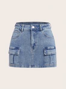 SHEIN MOD Túi có nắp Giải trí Váy Denim - Rửa nhẹ - Xem 1
