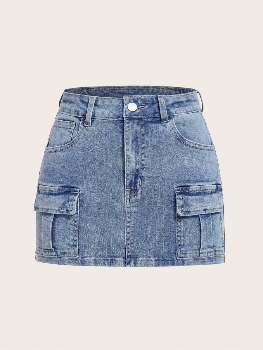 SHEIN MOD Túi có nắp Giải trí Váy Denim - Rửa nhẹ - Xem 1
