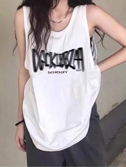 白色美式寬肩運動坦克背心上衣時尚吊帶