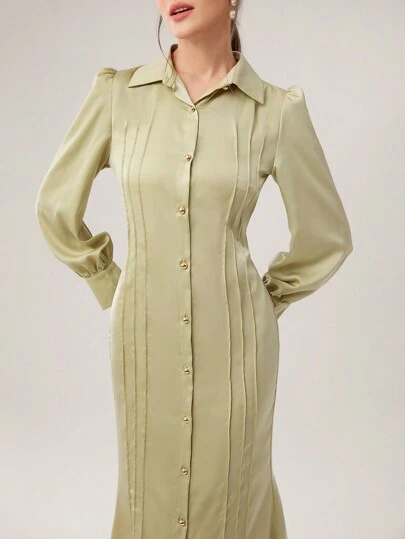 Modelyn Women's Solid Color Lantern Sleeve Loose Fit Button Front Summer Dress