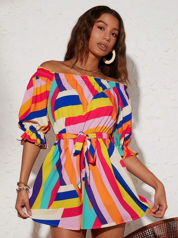 Vacation Printed Romper With Off Shoulder Design For Women, Colorful Striped Jumpsuit