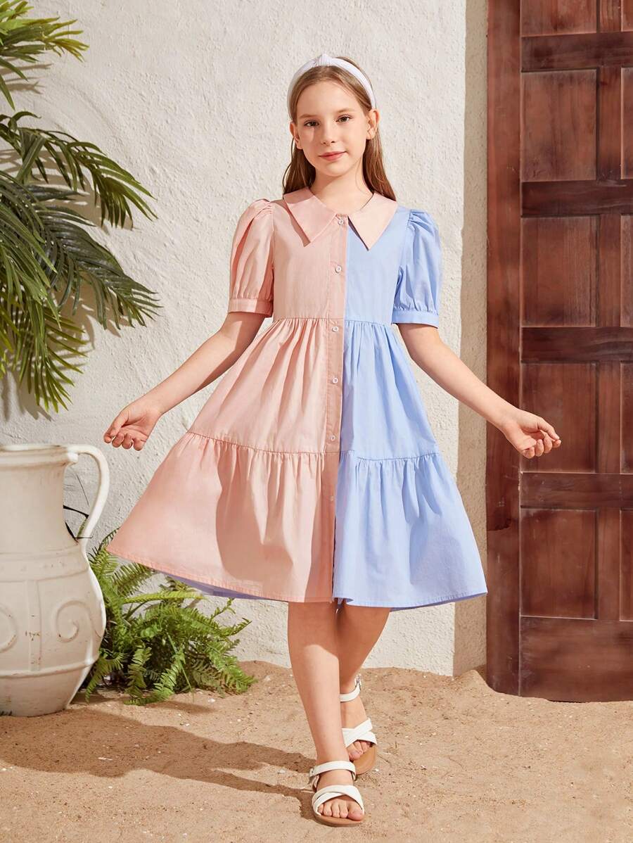 適合春夏季穿著的Tween Girl編織彩色拼接休閒短袖襯衫裙 - 粉色 - 查看 1