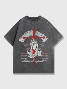 ROMWE MEN Grunge Punk メンズ 祈りの手のジェスチャープリント ウォッシュ加工 ダメージ加工 半袖 T シャツ ハイストリート ヴィンテージ 夏 - ブラック - チェックする 1
