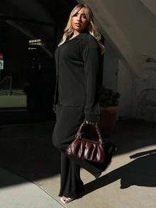 2 件套女士时尚褶皱衬衫和舒适阔腿裤套装，休闲，女士春秋季休闲口袋，拉链长袖宽松黑色衬衫裤女两件套服装，休闲日常穿着 - 黑色 - 查看 6