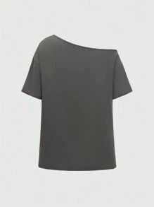 ROMWE Goth Vintage Cross Vine Slogan Distressed Print Plus Size Loose One-Shoulder Drop-Shoulder T-Shirt - Dark Grey - View 2