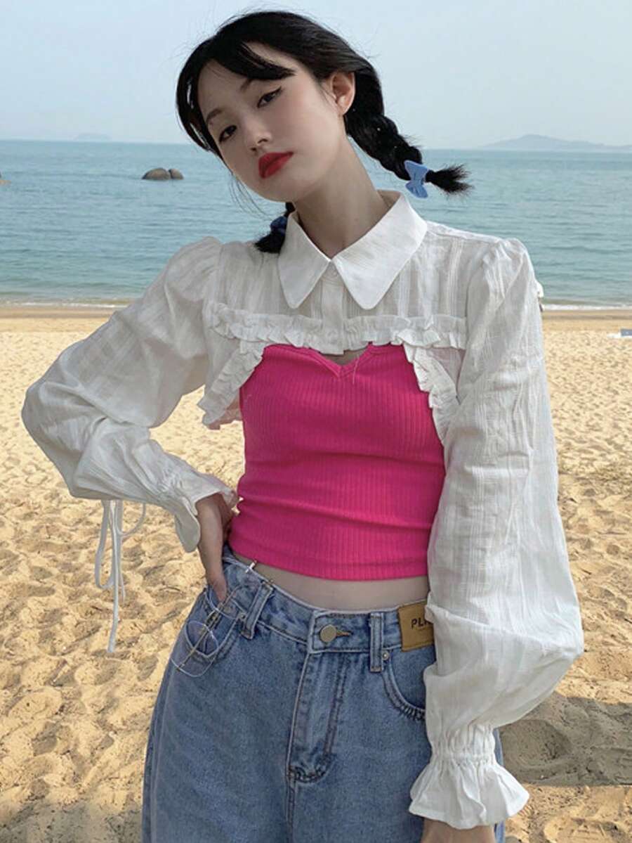 Gyaru Fashion Solid Color Elegant Long Sleeve Women Blouse (Inner Top Not Included) - White - View 1