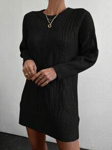 EURMUSE Cable Knit Split Hem Drop Shoulder Sweater Dress Without Belt - Black - View 5