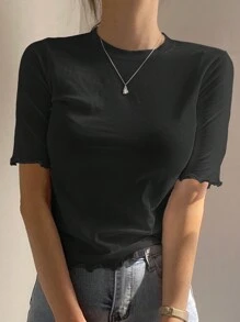 DAZY Women's Solid Color Fitted T-Shirt With Frill Trim Design Summer - Black - View 4