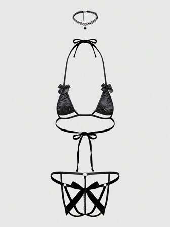 Goth 3 Stücke sexy Damen Perlen verziertes Dessous Set