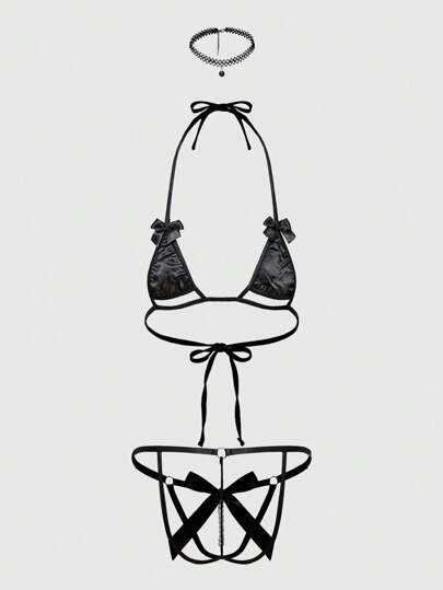 Goth Set di biancheria intima sexy per donne con perle 3 pezzi