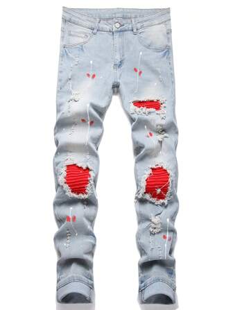 Manfinity Roughcore Jeans masculino plus size com bordas desfiadas e emendadas para uso diário, jeans desfiado, liso, slim fit, longo, rasgado, leve, cargo, para marido, presentes para namorado