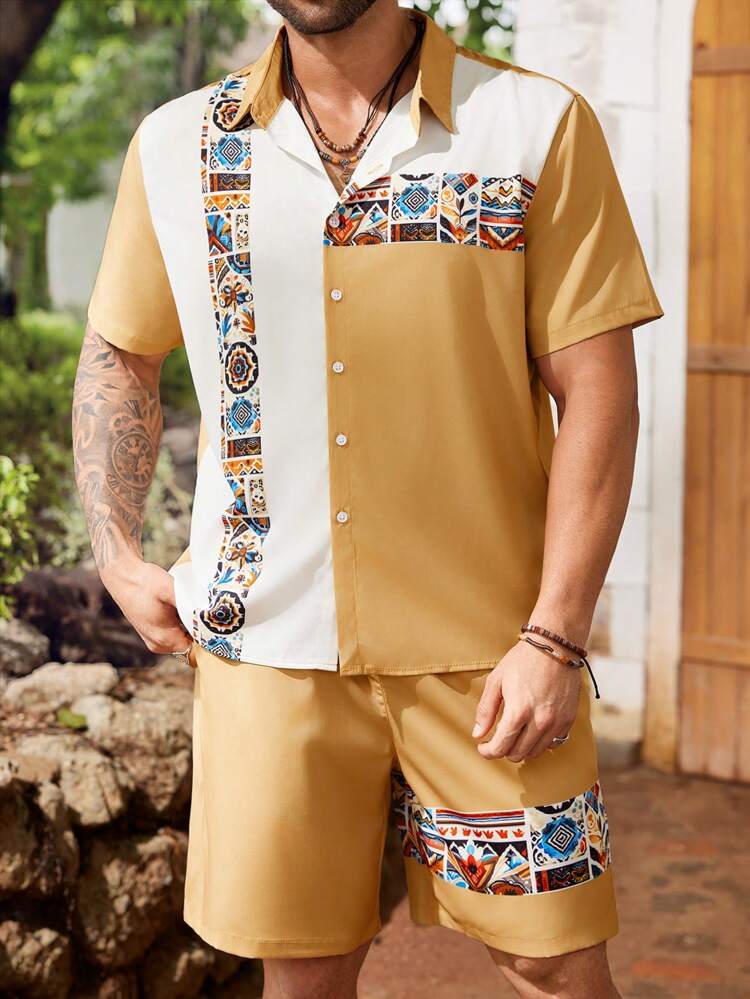 Men's Plus Size Summer Holiday Geometric Printed Short Sleeve Shirt And Shorts Casual 2pcs Set