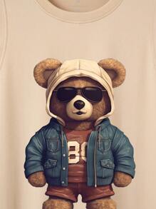Men's Cartoon Bear Printed Round Neck Casual Tank Top, Summer