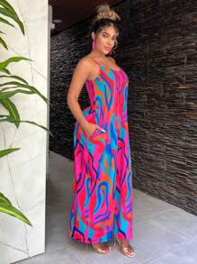 SHEIN SXY 夏季抽象印花細肩帶連身裙 - 彩色 - 查看 5