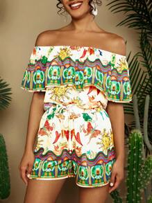 SHEIN VCAY Women's Summer Holiday Floral Printed Ruffle Off Shoulder Top And Shorts Casual 2pcs/Set - Multicolor - View 3