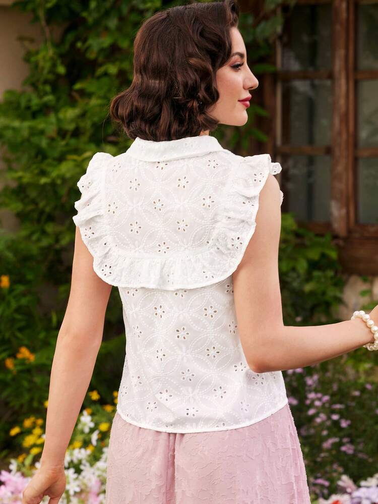 Vintage Elegant Women's Embroidered Shirt, Spring/Summer, Slim Fit, Ruffled Collar, White Cottagecore Shirt Cute Tops White Top White Shirt Going Out Tops Cottagecore