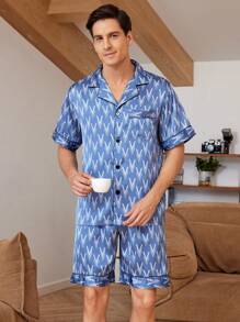 男士夏季字母印花單排釦短袖上衣和短褲居家套裝