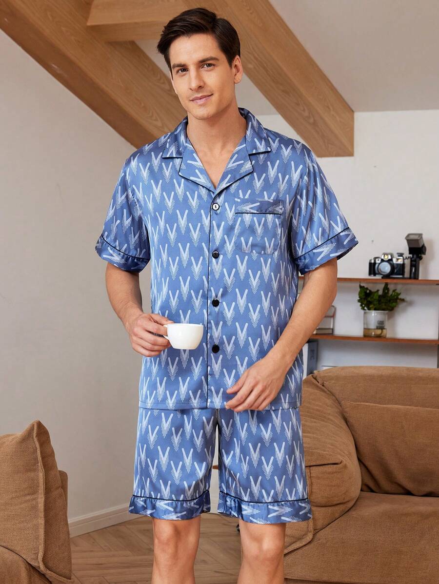 男士夏季字母印花單排釦短袖上衣和短褲居家套裝