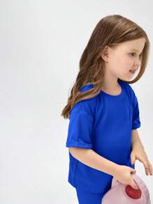 SHEIN Leap Crew 年輕女孩休閒舒適圓領短袖上衣和純色長褲2件套裝 - 寶藍色 - 查看 6