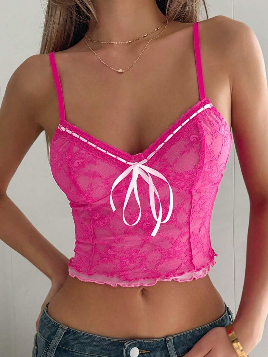 SHEIN ICON Trang phục mùa hè Y2k cho nữ Áo crop top ren viền có dây buộc phía trước - Màu Hồng Tươi - Xem 1