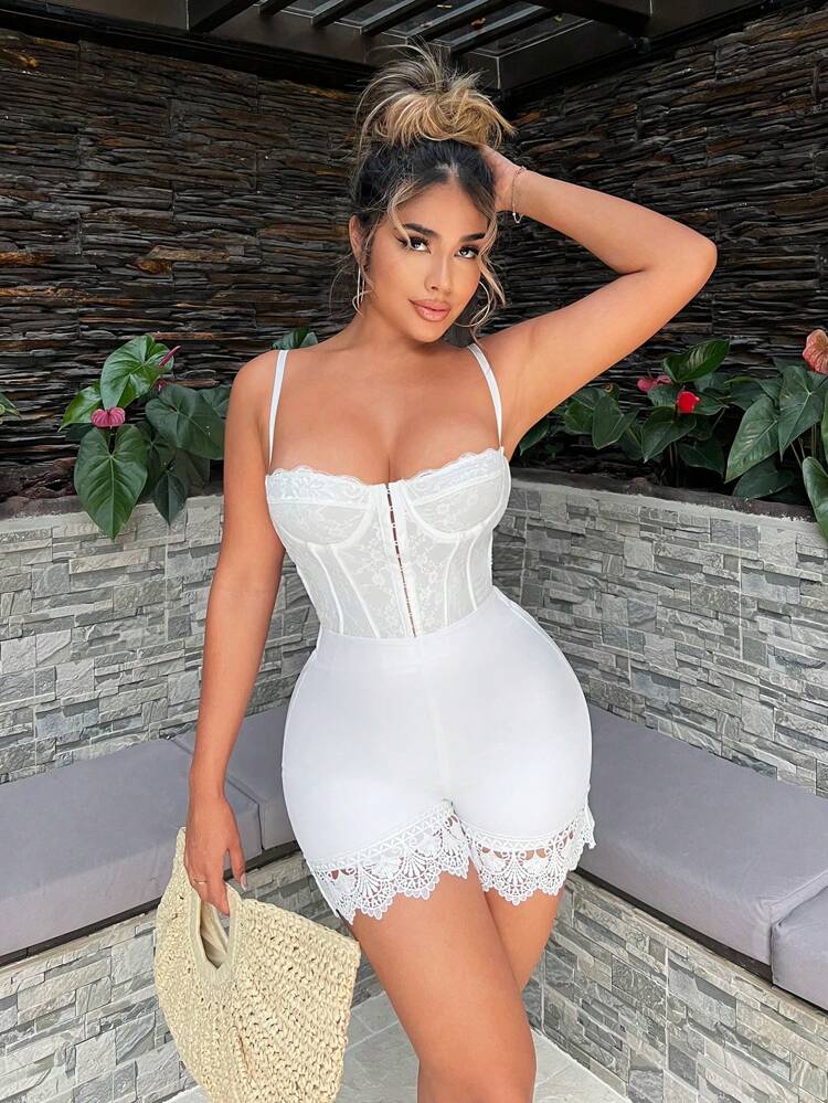 Summer Vacation Holiday Resort Beach Wear Cute Sexy White Crop Lace Patchwork Women's Short Beach Vacation Shorts