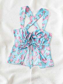 Soleia Women's Light Blue Floral Countryside Cross Back Camisole With Bow Tie & Open Front,Perfect For Summer,Boho,Vacation,Holiday & Wedding Season - Multicolor - View 5