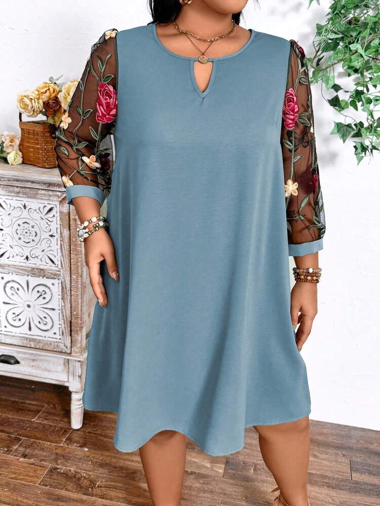 Plus Size Women's Fashionable Floral Printed Long Sleeve Patchwork Dress
