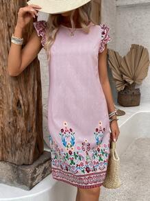 EMERY ROSE Fashionable Women's Printed Chiffon Flutter Sleeve Dress - Burgundy - View 3