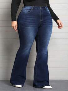 SHEIN CURVE+ Denim ukuran plus Tombol Kantong Zip Plain - Dark Wash - View 3