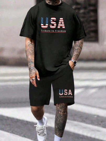 Manfinity Homme 男裝UAS頂部夏季短褲，美國國旗和字母印花短袖T恤和短褲套裝