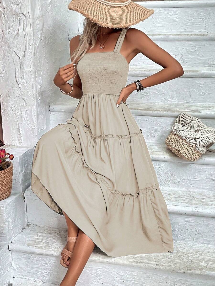 SHEIN Clasi Đầm suông ren hoa mùa hè đơn giản màu trơn dành cho nữ - Màu be - Xem 1