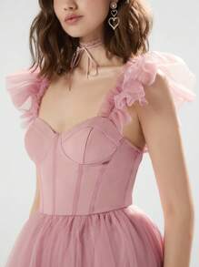 Enchnt 女士粉色方領網紗褶皺裙