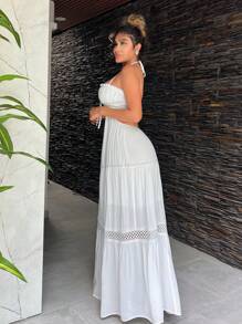 SHEIN SXY Vestidos largos para mujeres, vestido blanco con costura de encaje en el dobladillo para ropa de mujer de vacaciones en la playa - Blanco - Ver 9