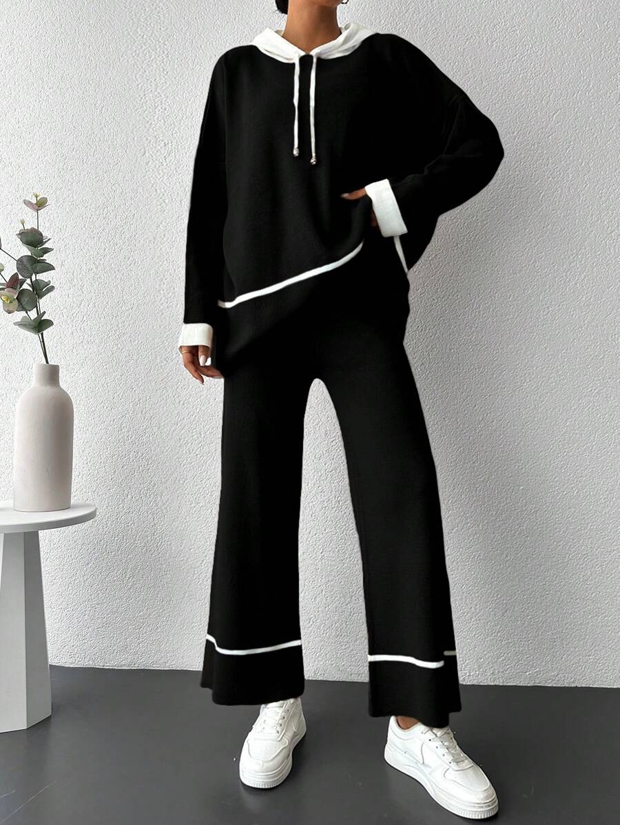 EURMUSE Women's Color Block Hooded Sweater 2-Piece Set - Black - View 1