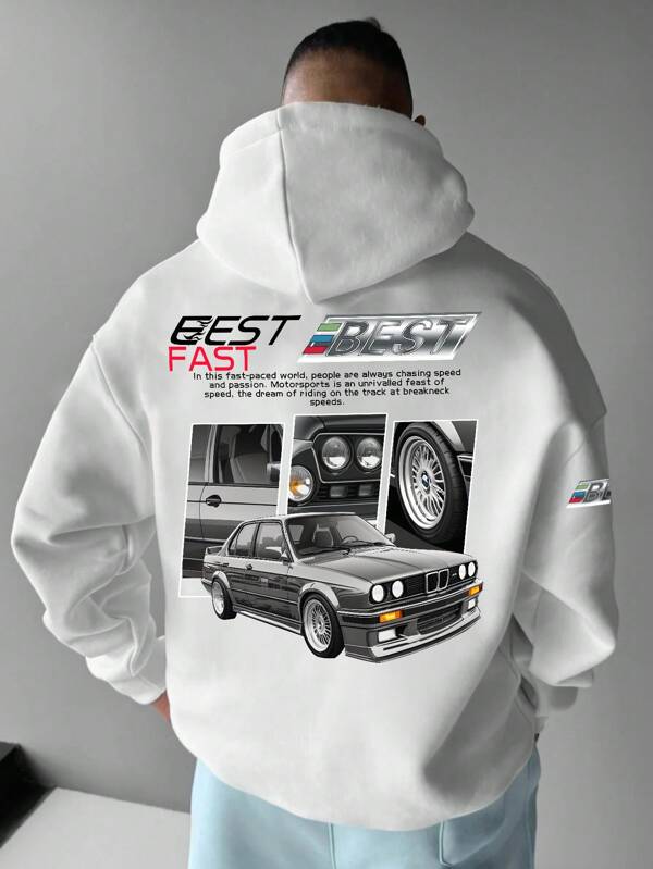 Manfinity EMRG Men's Casual Hooded Sweatshirt With Car Slogan Print And Drawstrings, Car Hoodies, Sweatshirt Men Hoodie Racing, Graphic Hoodies White