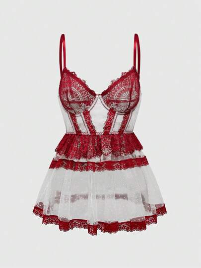 Women's Colorblock Lace Patchwork Polka Dot Mesh Cami Lingerie Dress