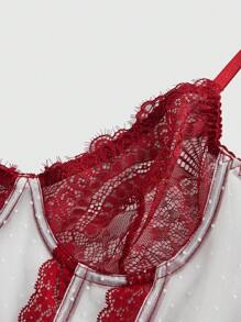 Women's Colorblock Lace Patchwork Polka Dot Mesh Cami Lingerie Dress - Red and White - View 3