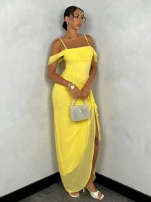 SHEIN BAE Vestido amarillo de un solo color con cuello drapeado, tirantes de volantes, mangas con cinta y abertura alta en el costado para el verano - Amarillo - Ver 3