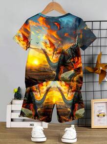 SHEIN Leap Crew In hình khủng long 3D, in hình Tyrannosaurus Rex, Bộ áo thun ngắn tay cổ tròn đơn giản và quần short cho bé trai, thích hợp cho mùa hè - Nhiều màu - Xem 3