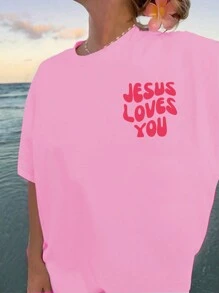 INAWLY Women's Oversized Beach Slogan Printed T-Shirt For Summer JESUS LOVES YOU Graphic Tees Women Tops