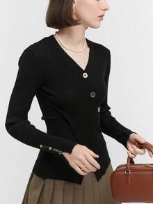 Women's Solid Color Button Up Fitted Long Sleeve Knitted Sweater,Long Sleeve Tops - Black - View 5