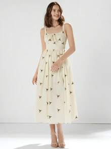 Enchnt Women's Elegant Summer Ditsy Floral Cinching Waist Cami Dress