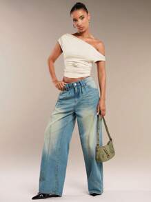 SHEIN BAE Women's Solid Color Ruched Asymmetric Oblique-Shoulder Top, Summer - Apricot - View 3