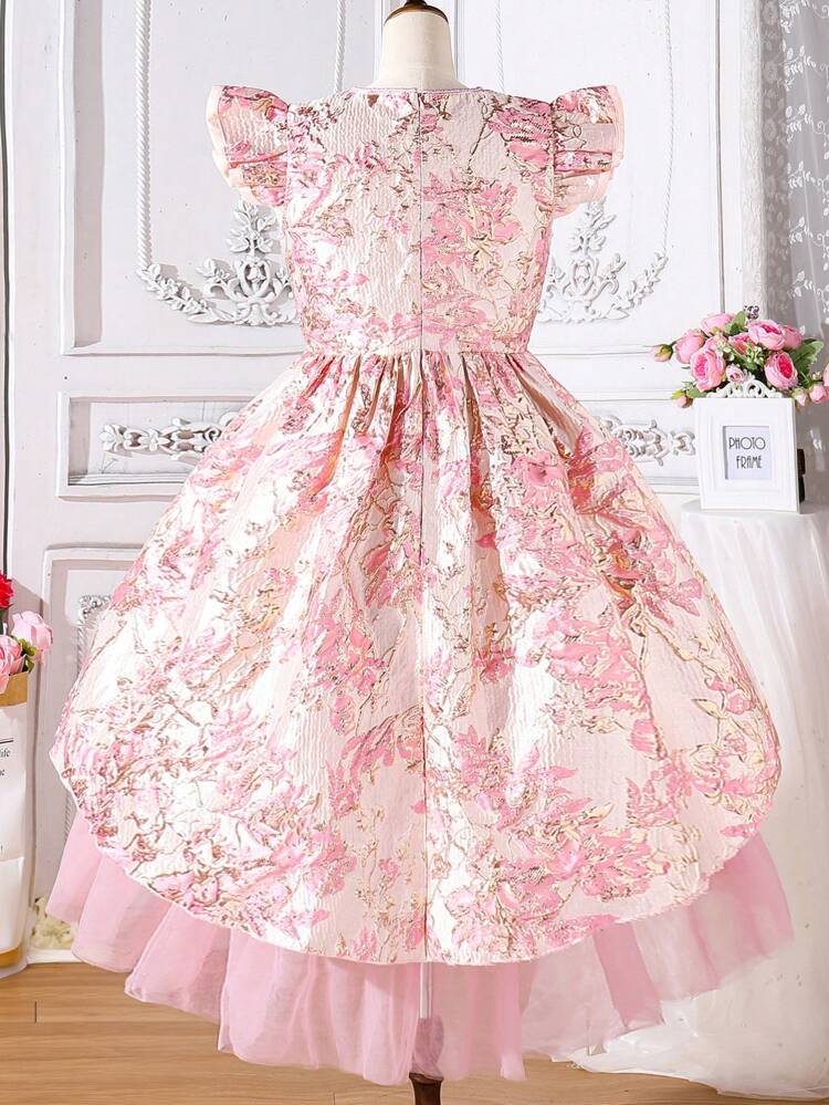 Teen Girls Elegant Pink Short Sleeve Mid-Length Party Dress For Flower Girl, Wedding, Events