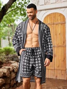 Manfinity Homme Men's Plus Size Printed Long Sleeve Shirt And Shorts Set, Fall Clothes, Cozy Outfits - Multicolor - View 3