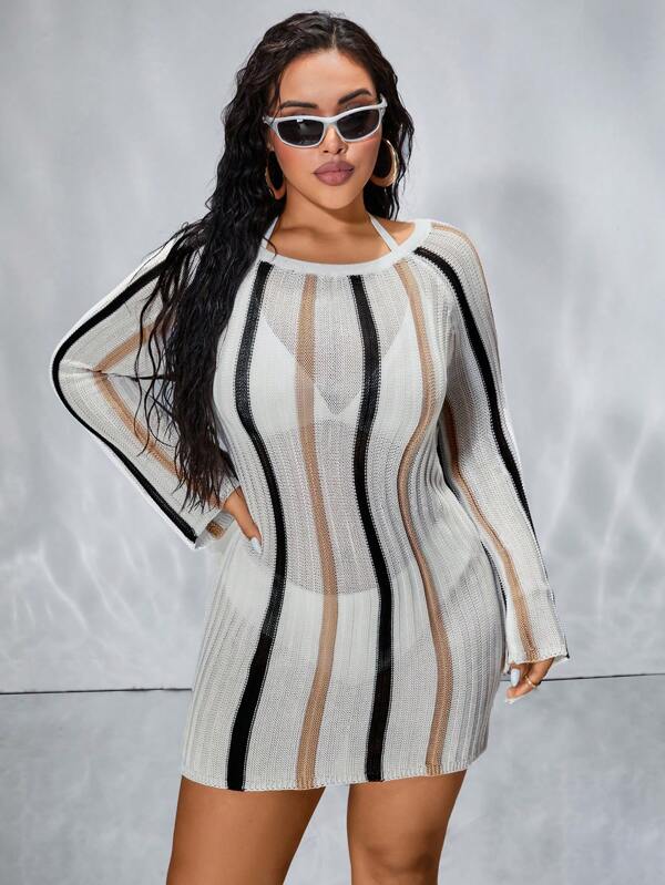 Swim EVENT Plus Size Women's Fashion Striped Slim Fit Long Sleeve Cover Up,Summer Beach