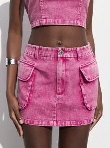 Maija Fashion Distressed Shoulder Top & Skirt Denim 2 Pieces Outfit, Sexy Style For Women, Spring/Summer - Pink - View 6