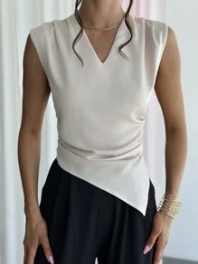 Firerie Áo sơ mi nữ trễ vai và eo xếp ly viền tam giác thanh lịch đi làm - Màu Khaki - Xem 1