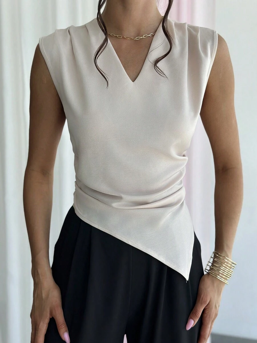 Firerie Áo sơ mi nữ trễ vai và eo xếp ly viền tam giác thanh lịch đi làm - Màu Khaki - Xem 1